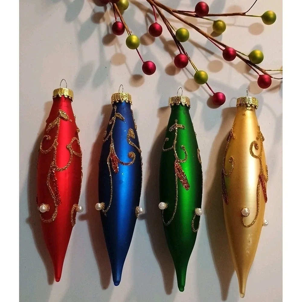 Vintage Christmas 4 Oblong Ornaments In Jewel Tones Glittered‎ Pearls